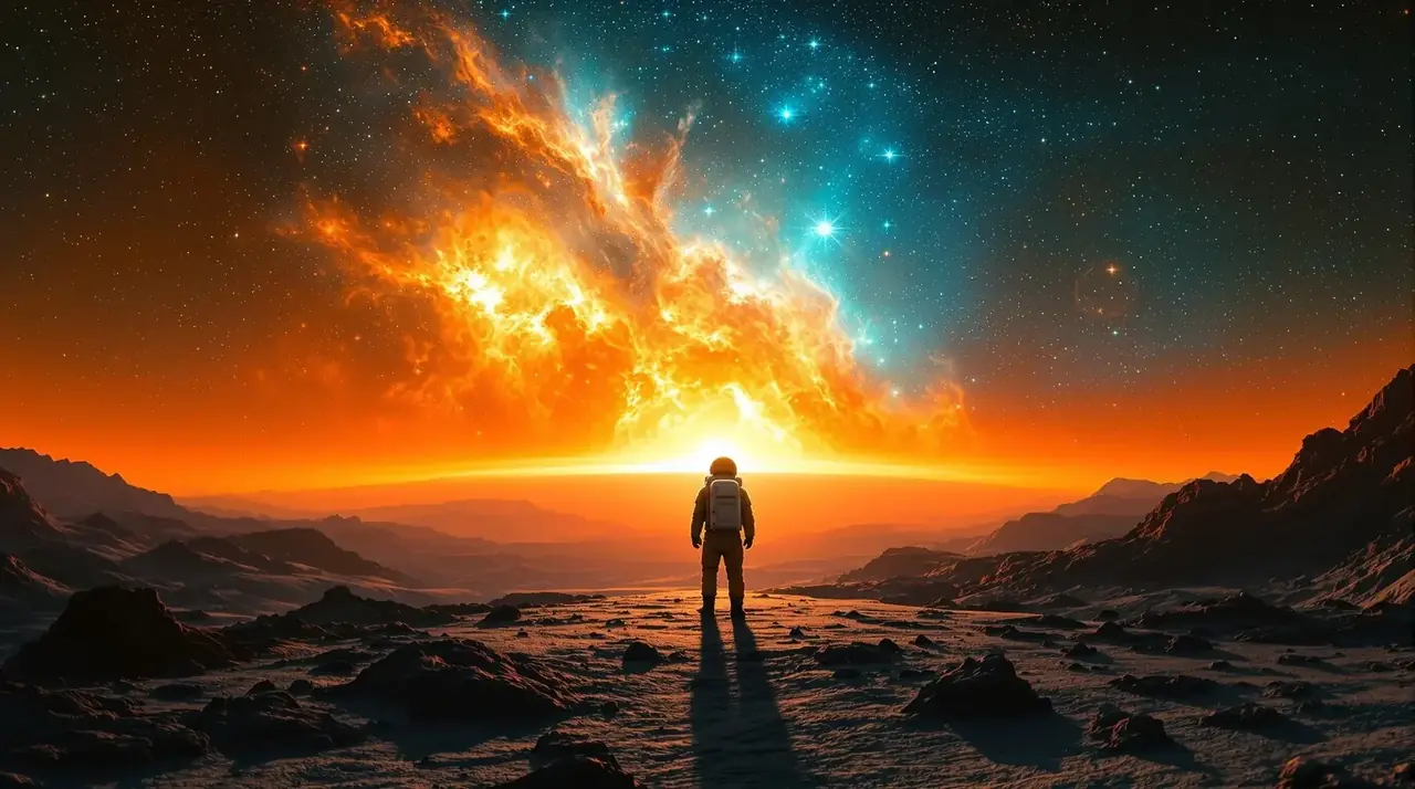 电影天堂画面观察：宇航员背对观者站在岩地上，远处是橙色星云与蓝色星空