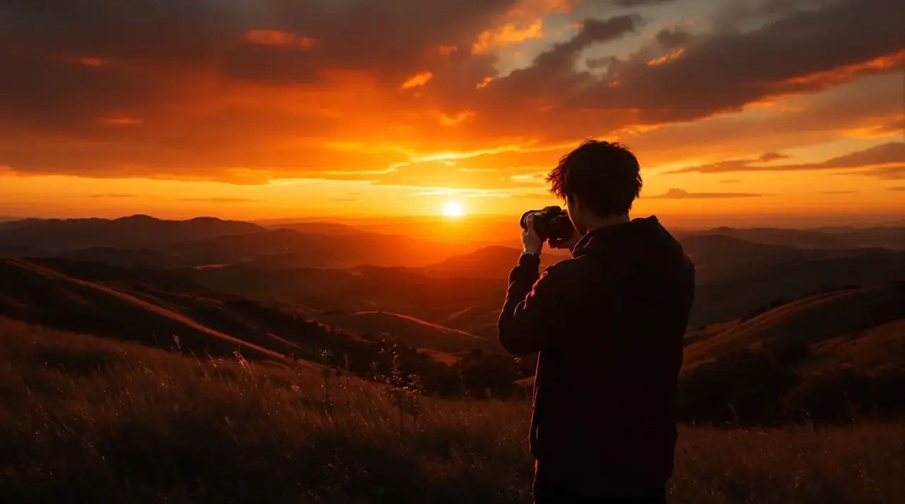 电影天堂画面观察：一名人物在山地夕阳下举着相机，背后是橙色天空